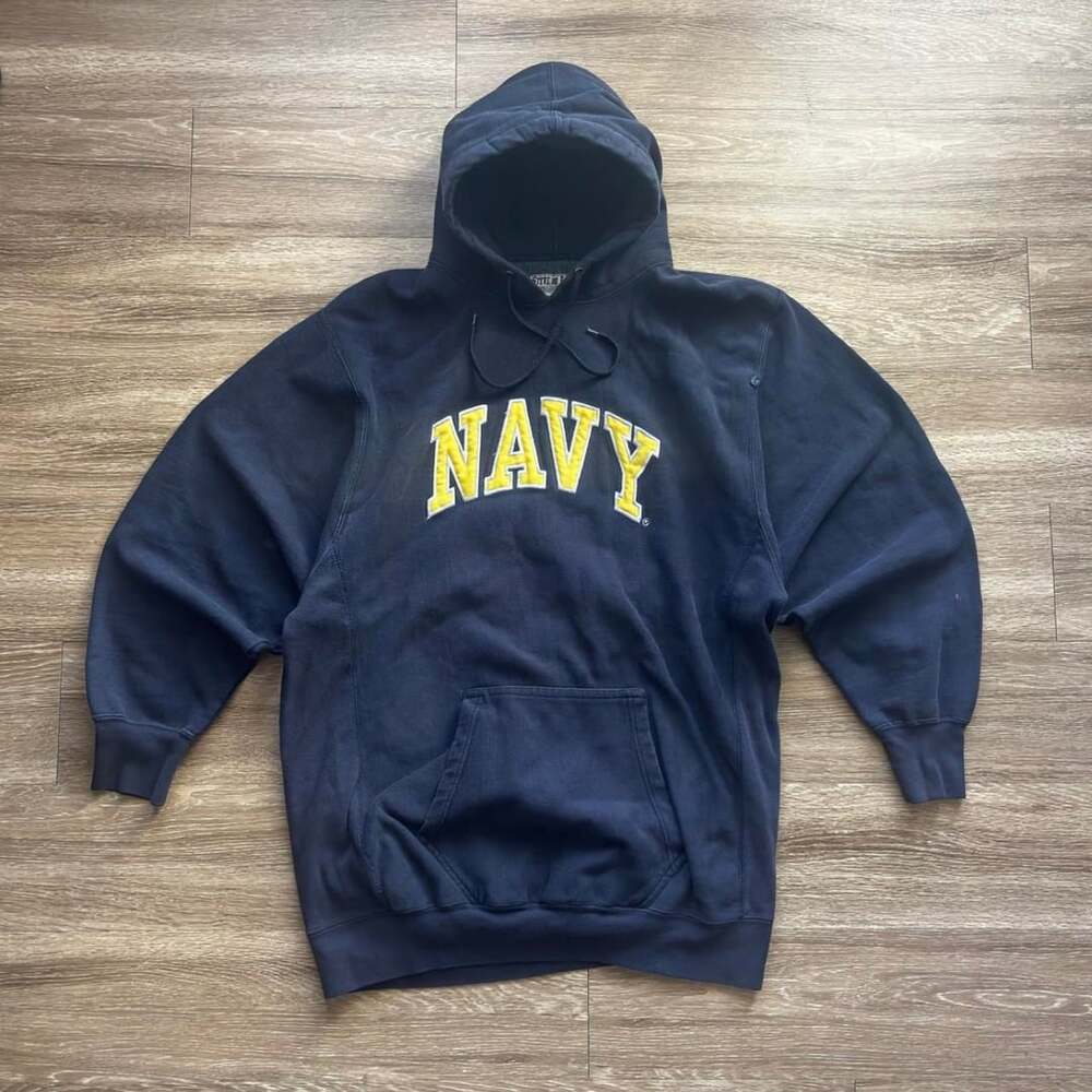 Steve & Barry's NAVY Hoodie XL Vintage Faded Blue Yellow Applique